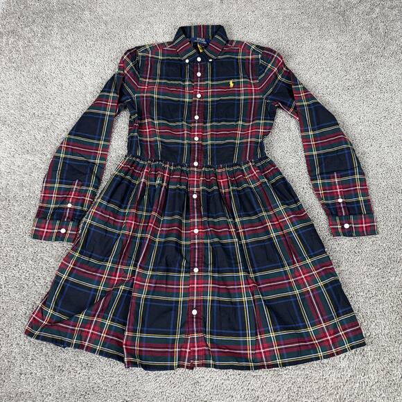 Polo Ralph Lauren Dress Girls 16 Navy Red Plaid Button Front Shirt Dress Cotton - Picture 1 of 12